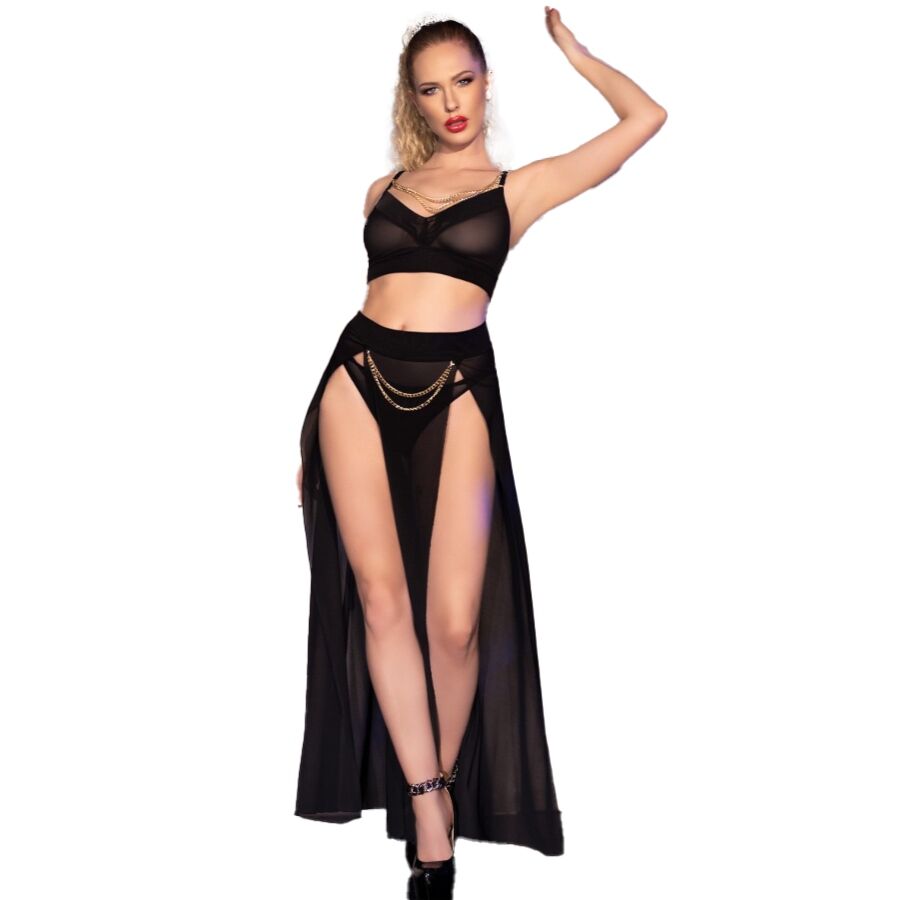 Chilirose – Cr 4672 Saia Top Preta E Tanga Com Correntes Douradas M