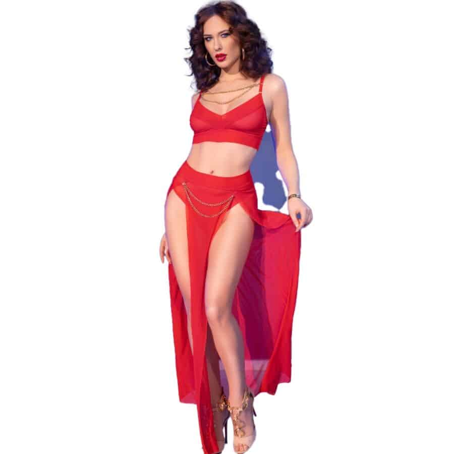 Chilirose – Cr 4850 Conjunto De Top E Legging Vermelho Com Acessórios Dourados S