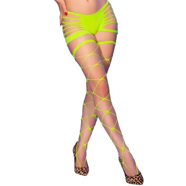Chilirose Cr 4867 Meia-calça Arrastão Verde Neon com Furos