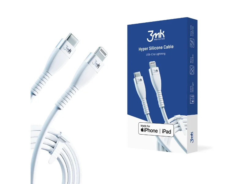 Cabo 3MK HyperSilicone MFI USB-C/Lightning branco 1m 20W 3A