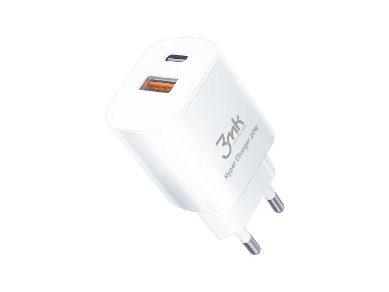 Carregador 3MK Hyper Charger 20W USB-A e USB-C Branco
