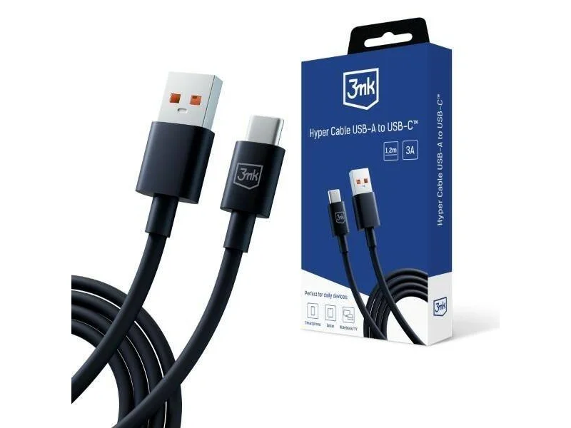 Cabo Hyper 3MK USB-A a USB-C 1,2mt 5A Preto