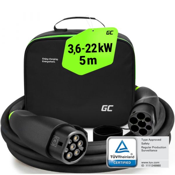 Green Cell Cabo EV Tipo 2 para Tipo 2 22 kW 3 Fases 5 Metros para Carregamento de Veículos Elétricos EVKABGC01