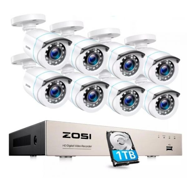 Zosi Kit Vigilância 8 câmaras com disco HDD 1 TB para gravação imagens