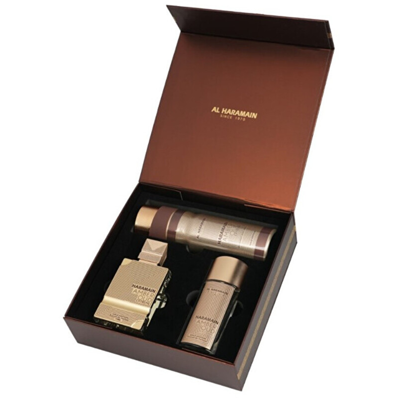 Conjunto Amber Oud Gold Edition Extreme Extrait de Parfum 75 ml, Extrait de Parfum 30 ml a Desodorizante 200 ml