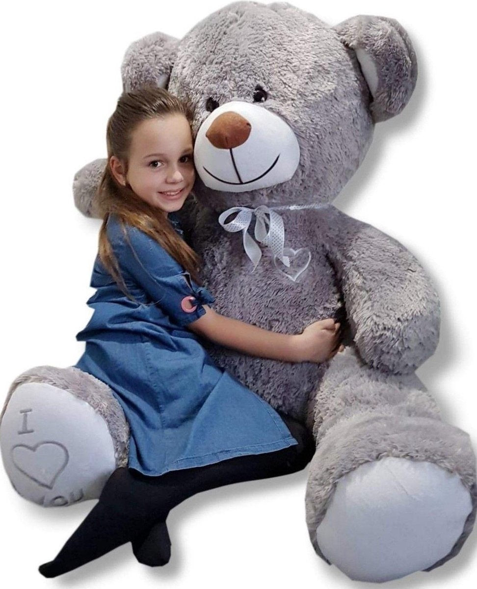 Urso de peluche XL 160 cm cinzento com coração bordado