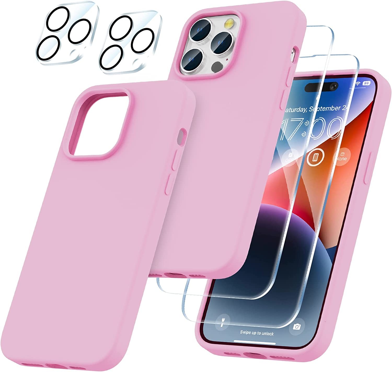 Capa Silicone Rosa iPhone 14 Pro Max com 2 película vidro temperado 2 película camera