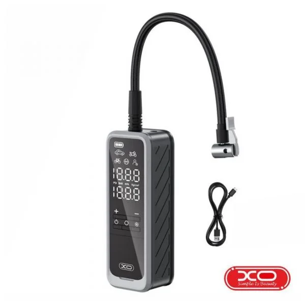Compressor de Ar Portátil XO CZ018 Sem Fios com Manómetro Digital, Powerbank 5000mAh e Lanterna, Preto