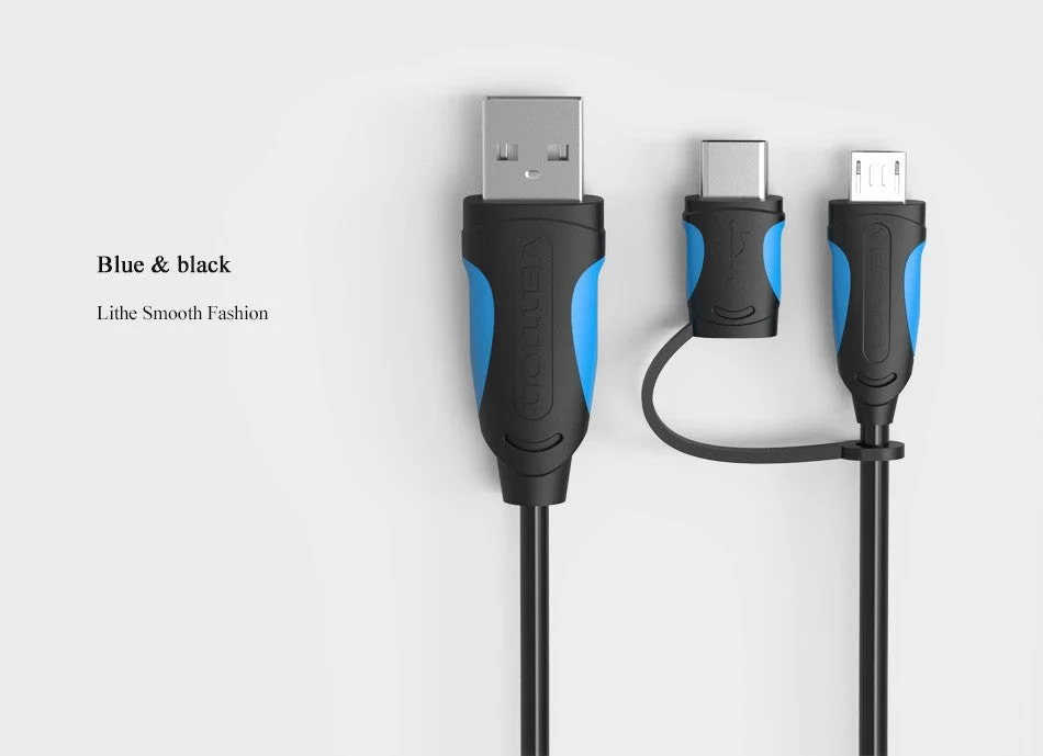 Cabo Vention de Dados Micro USB / USB-C para USB 2 em 1 (1m)