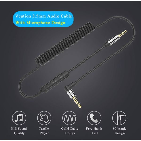 Vention Cabo de Áudio Jack 3,5mm Macho em Espiral com Comando (1m) (Preto) - MS003953