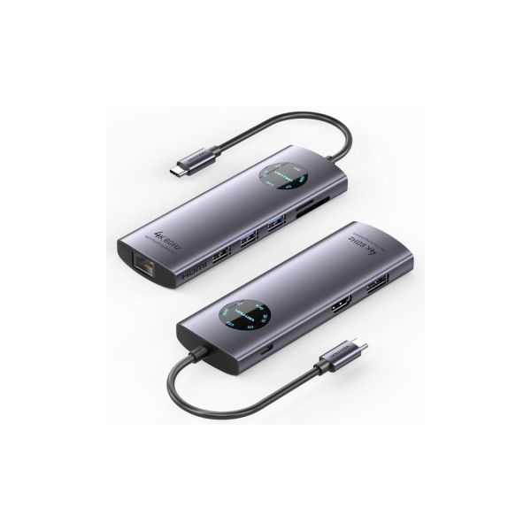 Vention TQUHB Docking USB-C 1xHDMI 4K + 1xDisplayPort 4K + 3xUSB + 1xRJ45 + 1xUSB-C PD 100W + Leitor de Cartões Cinza