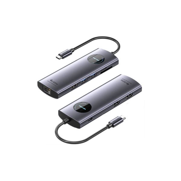 Vention Docking Station TQVHB + USB-C de 9 Portas 2xHDMI 2xUSB3.0 USB2.0 RJ45 SD/TF PD 100W Cinza