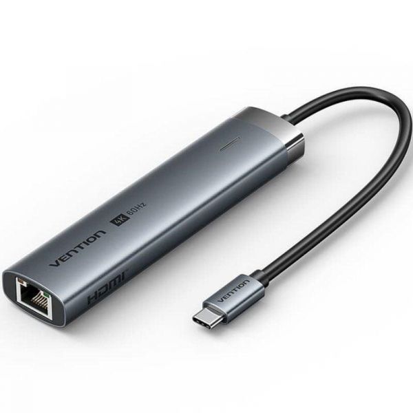 Vention Docking Station TGNHB USB Tipo-C 6 em 1 HDMI 3xUSB 3.0 RJ45 USB Tipo-C PD 100W Cinzento