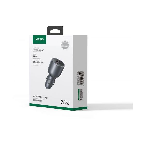UGREEN UG35024 Carregador de Carro 75W 3 Portas (2x USB-C PD + 1x USB-A) Space Gray