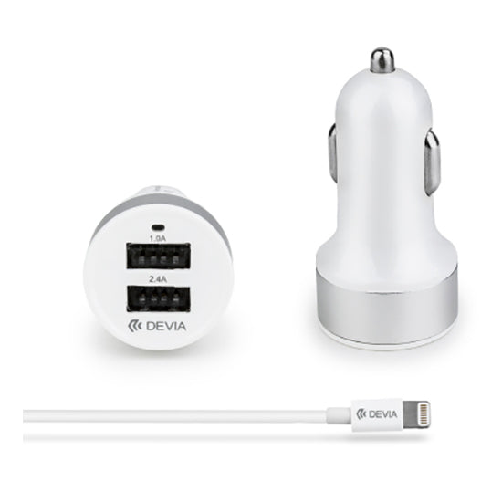 Carregador Isqueiro DEVIA 1x USB 1.0A, 1x USB 2.04A + Cabo Dados Lightning