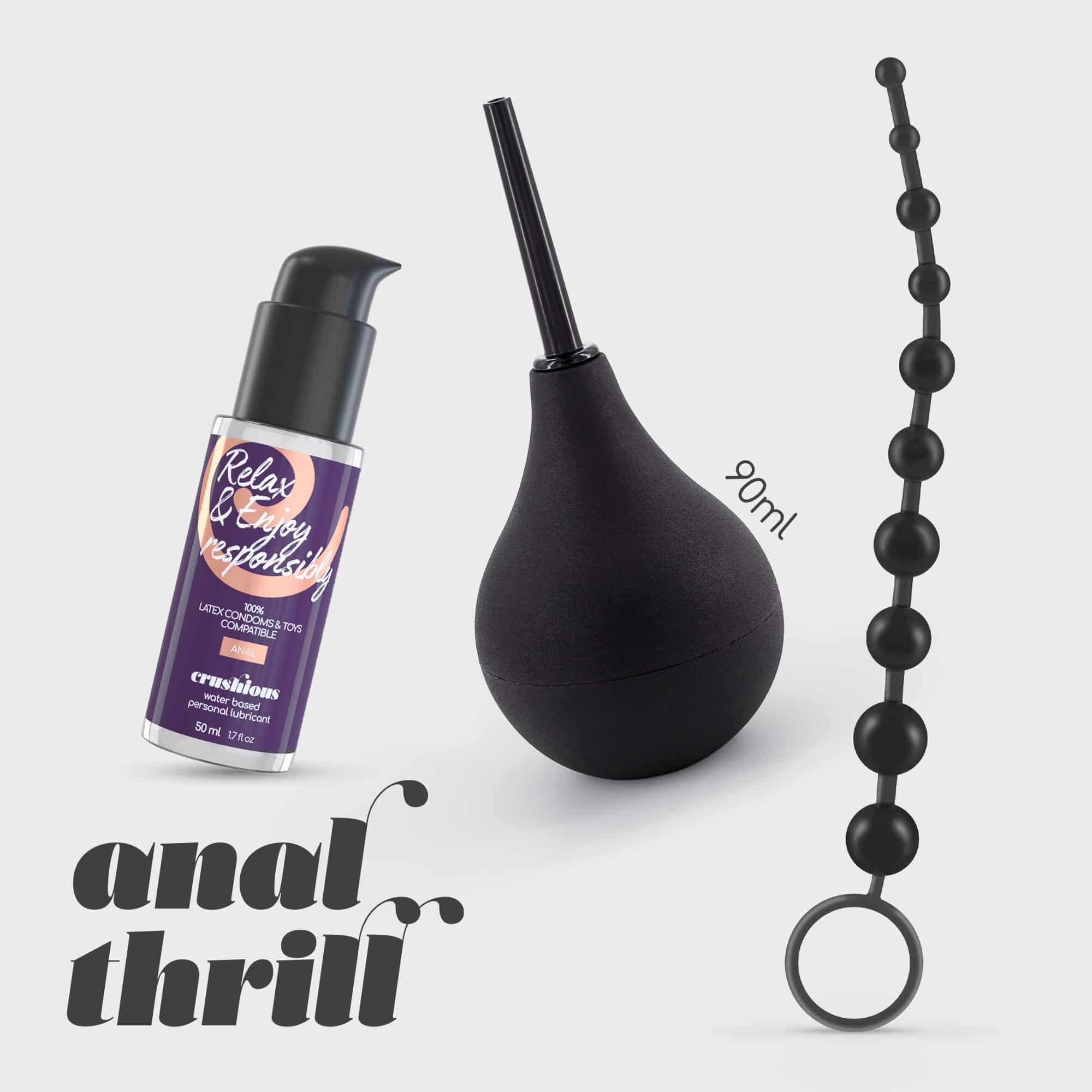 Crushious – Anal Thrill Duche Anal 90ml Com Lubrificante Anal 50ml E Tira De 10 Pérolas Anéis