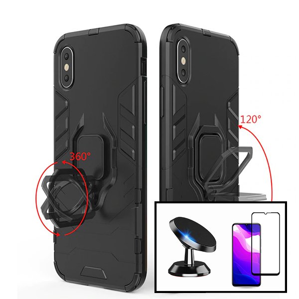 Kit Vidro Premium Full Cover + Capa 3X1 Military Defender + Suporte Magnético de Carro para Xiaomi Redmi 9A Sport