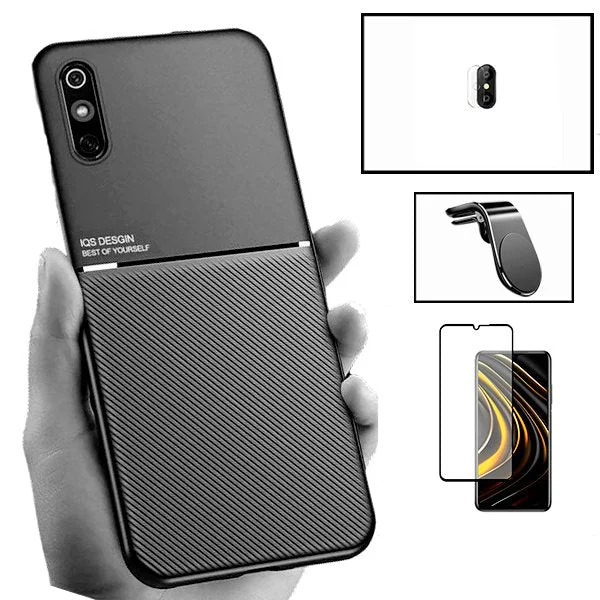 Kit Capa Magnetic Lux + 5D Full Cover + Película de Câmara + Suporte Magnético L Safe Driving para Xiaomi Redmi 9A Sport