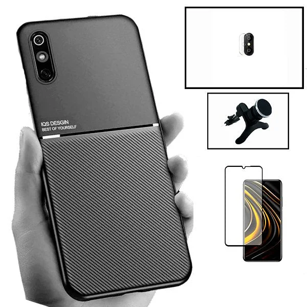 Kit Capa Magnetic Lux + 5D Full Cover + Película de Câmara + Suporte Magnético de Carro Reforçado para Xiaomi Redmi 9A Sport