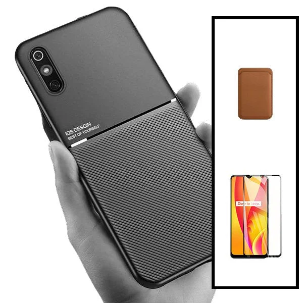 Kit Capa Magnetic Lux + Magnetic Wallet Castanho + 5D Full Cover para Xiaomi Redmi 9A Sport