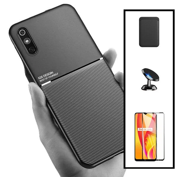 Kit Capa Magnetic Lux + Magnetic Wallet Preto + 5D Full Cover + Suporte Magnético de Carro para Xiaomi Redmi 9A Sport