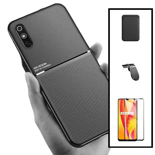 Kit Capa Magnetic Lux + Magnetic Wallet Preto + 5D Full Cover + Suporte Magnético L Safe Driving para Xiaomi Redmi 9A Sport