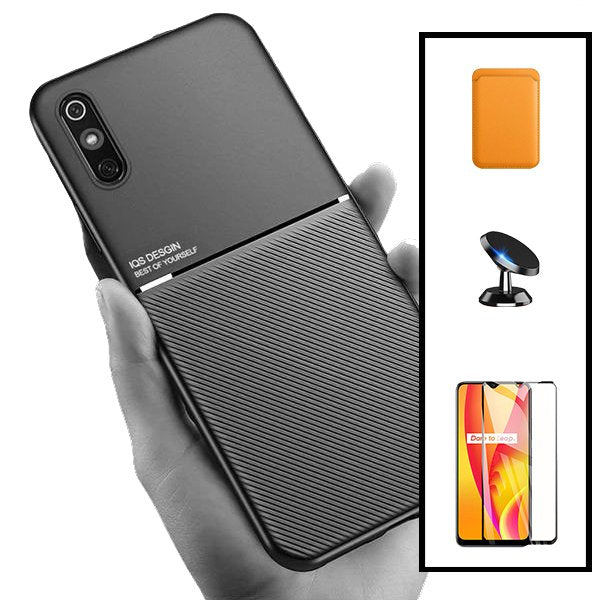 Kit Capa Magnetic Lux + Magnetic Wallet Laranja + 5D Full Cover + Suporte Magnético de Carro para Xiaomi Redmi 9A Sport