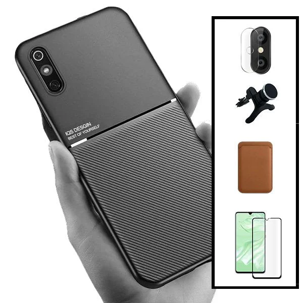 Kit Capa Magnetic Lux + Magnetic Wallet Castanho + 5D Full Cover + Película de Câmara Traseira + Suporte Magnético de Carro Reforçado para Xiaomi Redmi 9A Sport
