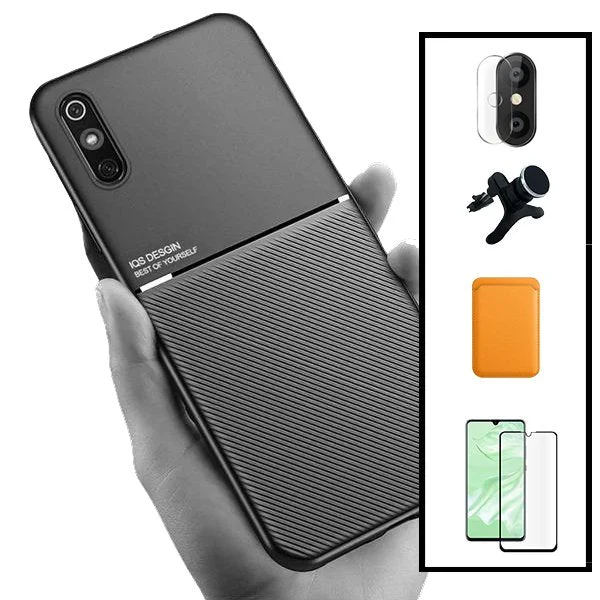 Kit Capa Magnetic Lux + Magnetic Wallet Laranja + 5D Full Cover + Película de Câmara Traseira + Suporte Magnético de Carro Reforçado para Xiaomi Redmi 9A Sport