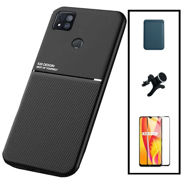Kit Capa Magnetic Lux + Magnetic Wallet Azul + 5D Full Cover + Suporte Magnético de Carro Reforçado para Xiaomi Redmi 9 Activ