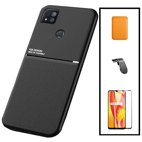 Kit Capa Magnetic Lux + Magnetic Wallet Laranja + 5D Full Cover + Suporte Magnético L Safe Driving para Xiaomi Redmi 9 Activ