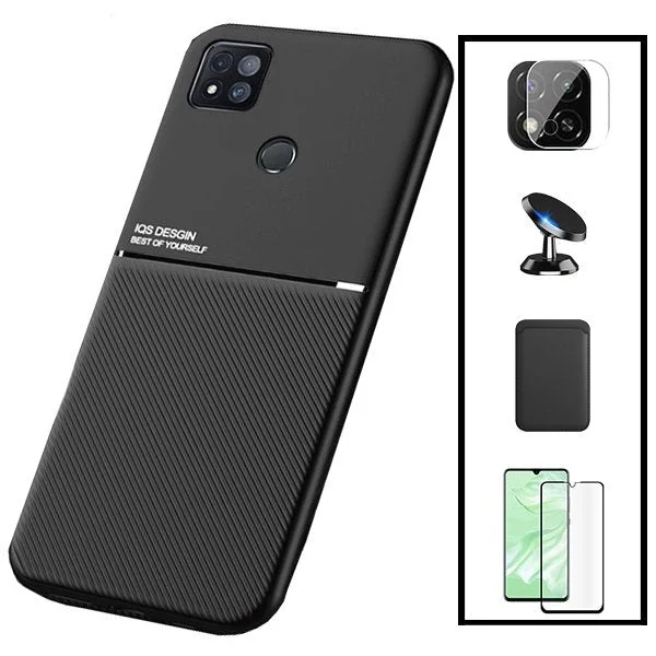 Kit Capa Magnetic Lux + Magnetic Wallet Preto + 5D Full Cover + Película de Câmara Traseira + Suporte Magnético de Carro para Xiaomi Redmi 9 Activ