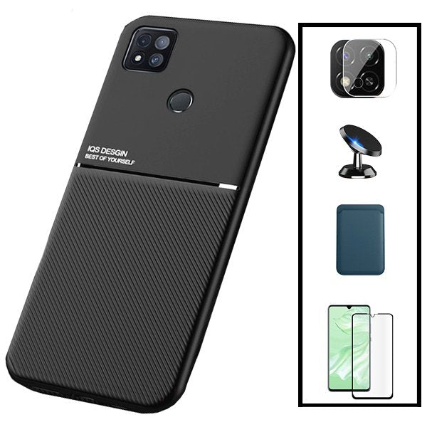 Kit Capa Magnetic Lux + Magnetic Wallet Azul + 5D Full Cover + Película de Câmara Traseira + Suporte Magnético de Carro para Xiaomi Redmi 9 Activ