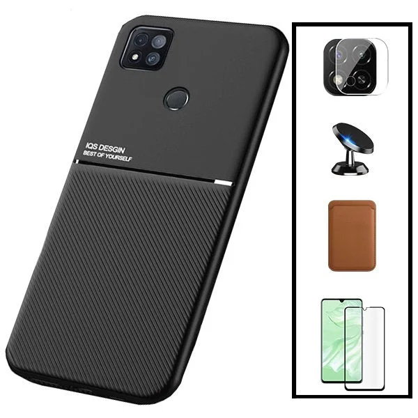 Kit Capa Magnetic Lux + Magnetic Wallet Castanho + 5D Full Cover + Película de Câmara Traseira + Suporte Magnético de Carro para Xiaomi Redmi 9 Activ