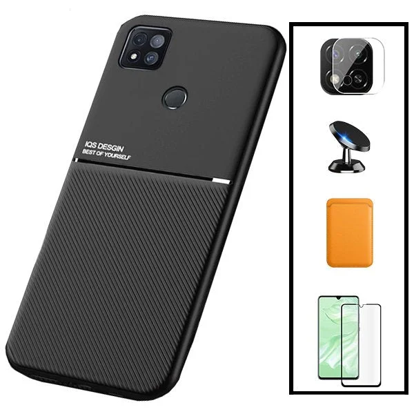 Kit Capa Magnetic Lux + Magnetic Wallet Laranja + 5D Full Cover + Película de Câmara Traseira + Suporte Magnético de Carro para Xiaomi Redmi 9 Activ