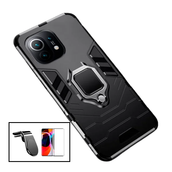Kit Vidro Premium Full Cover + Capa 3X1 Military Defender + Suporte Magnético L Safe Driving Carro para Xiaomi Mi 11 Lite 5G NE