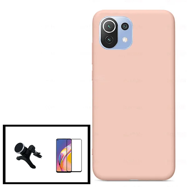 Kit Vidro Premium Full Cover + Capa Silicone Líquido + Suporte Magnético de Carro Reforçado para Xiaomi Mi 11 Lite 5G NE - Rosa