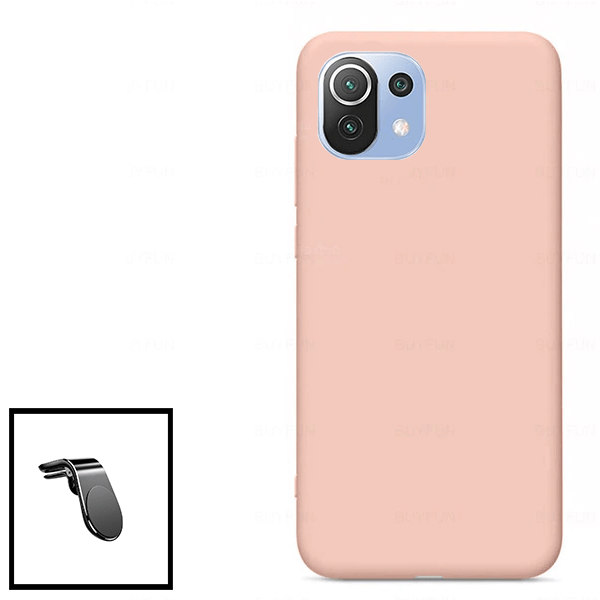 Kit Suporte Magnético L Safe Driving Carro + Capa Silicone Líquido para Xiaomi Mi 11 Lite 5G NE - Rosa
