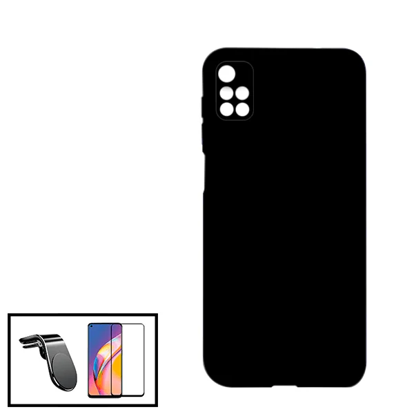 Kit Vidro Premium Full Cover + Capa Silicone Líquido + Suporte Magnético L Safe Driving Carro para Xiaomi Redmi 10 Prime - Preto