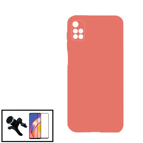Kit Vidro Premium Full Cover + Capa Silicone Líquido + Suporte Magnético de Carro Reforçado para Xiaomi Redmi 10 - Rosa