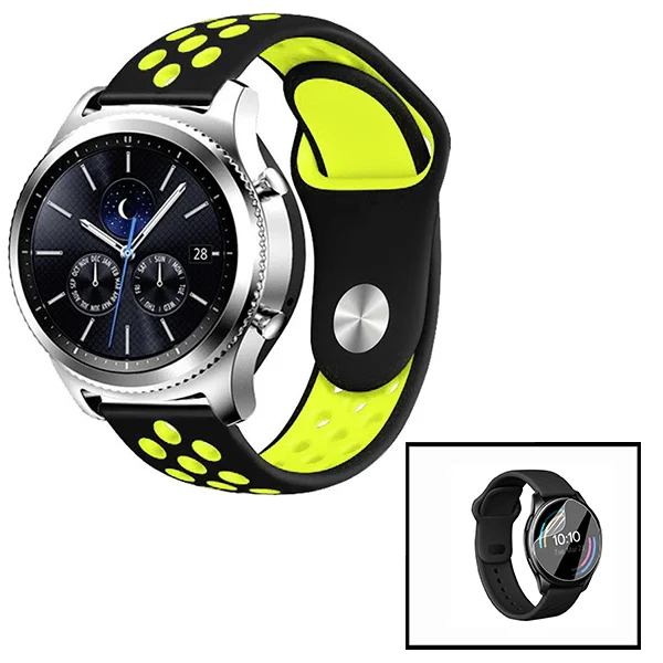 Kit Bracelete SportyStyle + Película de Hydrogel para Amazfit GTR 3 Pro - 47mm - Preto / Verde Fluorescente