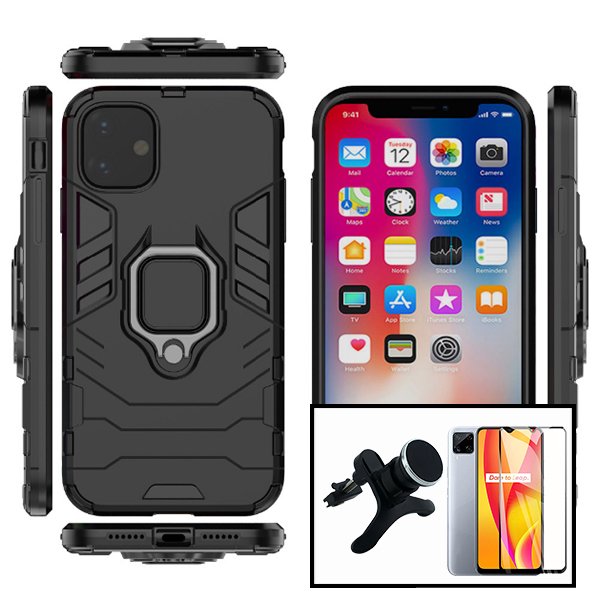Kit Vidro Premium Full Cover + Capa 3X1 Military Defender + Suporte Magnético de Carro Reforçado para Xiaomi Poco C31