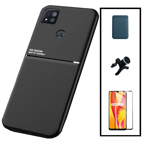 Kit Capa Magnetic Lux + Magnetic Wallet Azul + 5D Full Cover + Suporte Magnético de Carro Reforçado para Xiaomi Poco C31