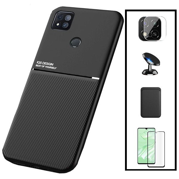 Kit Capa Magnetic Lux + Magnetic Wallet Preto + 5D Full Cover + Película de Câmara Traseira + Suporte Magnético de Carro para Xiaomi Poco C31