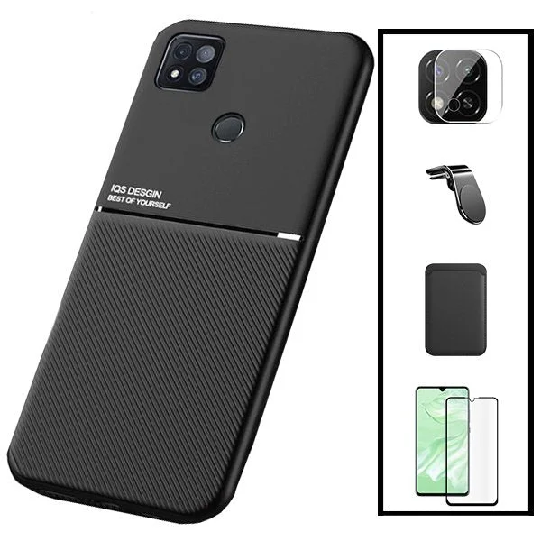 Kit Capa Magnetic Lux + Magnetic Wallet Preto + 5D Full Cover + Película de Câmara Traseira + Suporte Magnético L Safe Driving para Xiaomi Poco C31