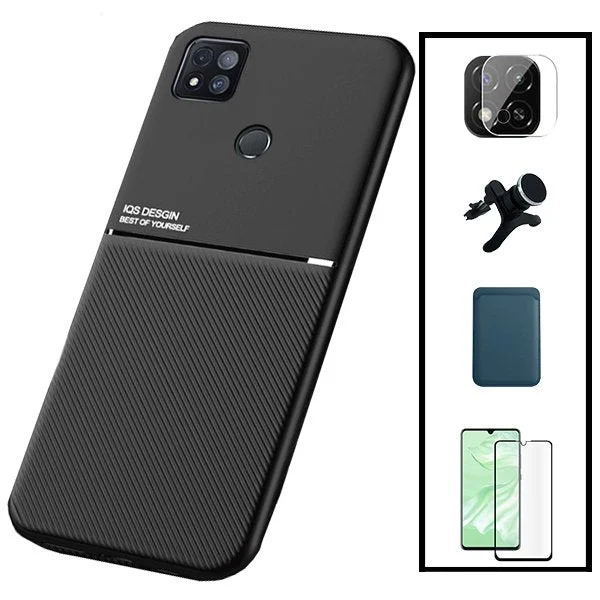 Kit Capa Magnetic Lux + Magnetic Wallet Azul + 5D Full Cover + Película de Câmara Traseira + Suporte Magnético de Carro Reforçado para Xiaomi Poco C31