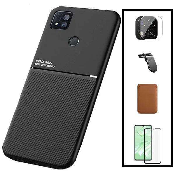 Kit Capa Magnetic Lux + Magnetic Wallet Castanho + 5D Full Cover + Película de Câmara Traseira + Suporte Magnético L Safe Driving para Xiaomi Poco C31