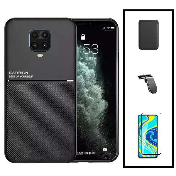 Kit Capa Magnetic Lux + Magnetic Wallet Preto + 5D Full Cover + Suporte Magnético L Safe Driving para Xiaomi Redmi Note 10 Lite