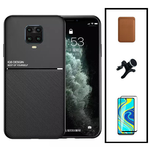 Kit Capa Magnetic Lux + Magnetic Wallet Castanho + 5D Full Cover + Suporte Magnético de Carro Reforçado para Xiaomi Redmi Note 10 Lite