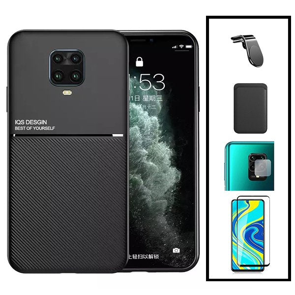 Kit Capa Magnetic Lux + Magnetic Wallet Preto + 5D Full Cover + Película de Câmara Traseira + Suporte Magnético L Safe Driving para Xiaomi Redmi Note 10 Lite